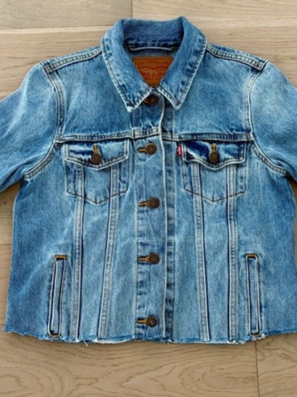 Levi's Light Blue Vintage Cropped Red Tab Denim Jacket with Leather Patch (S)